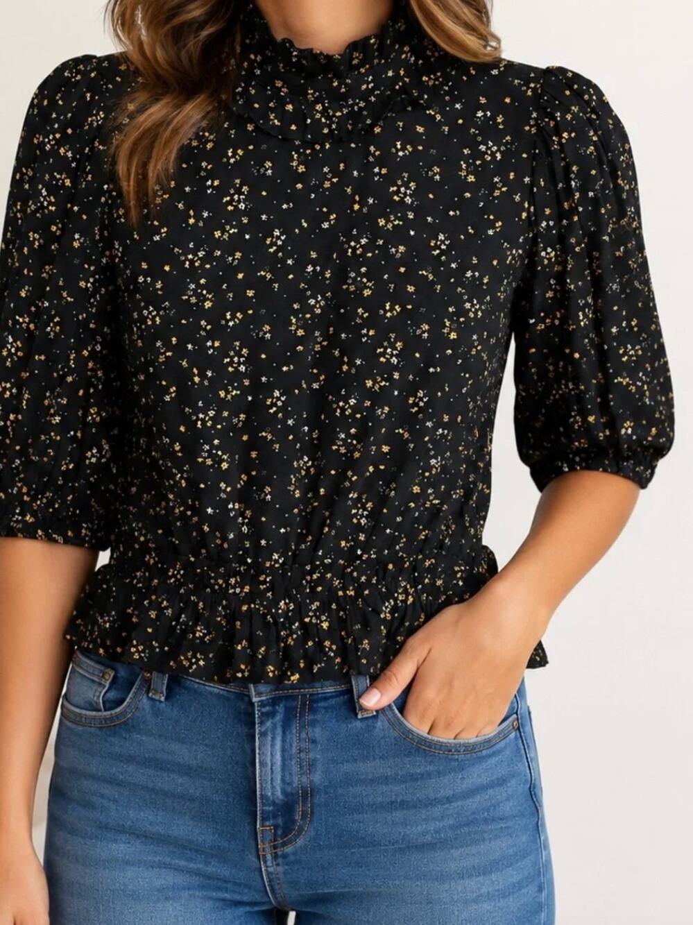GANNI Ruffled Floral-Print Crepe Peplum Top in Black Size Women's L (US)/42 (DK)